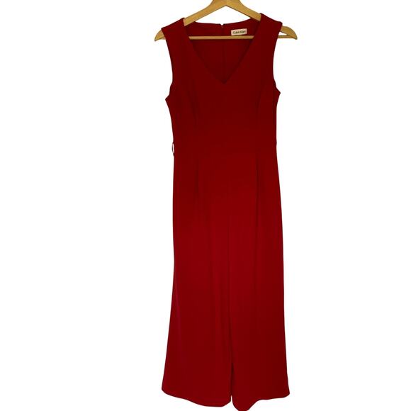 Calvin Klein bright red jumpsuit wide leg sleeveless v-neck women's 8 pockets - Picture 1 of 7